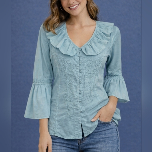 G Designs Tops - G DESIGNS Icy Blue Floral Embroidered Ruffle Bell Sleeve Button Down Shirt